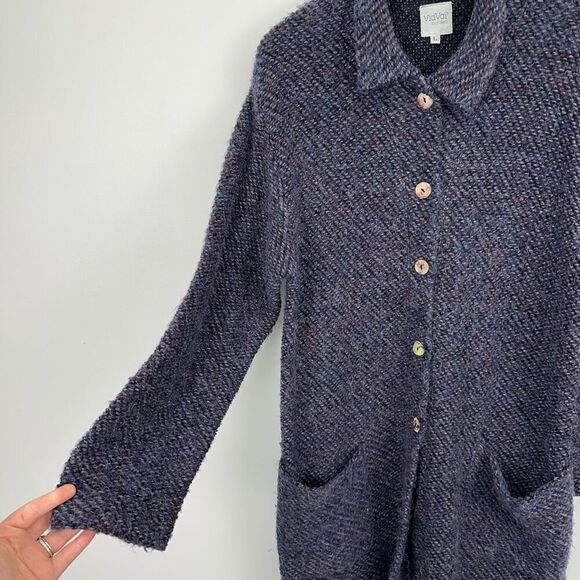 ViaVai Women’s Blue Multicolor Speckled Long Line Mohair Blend Cardigan Sweater - Picture 7 of 11